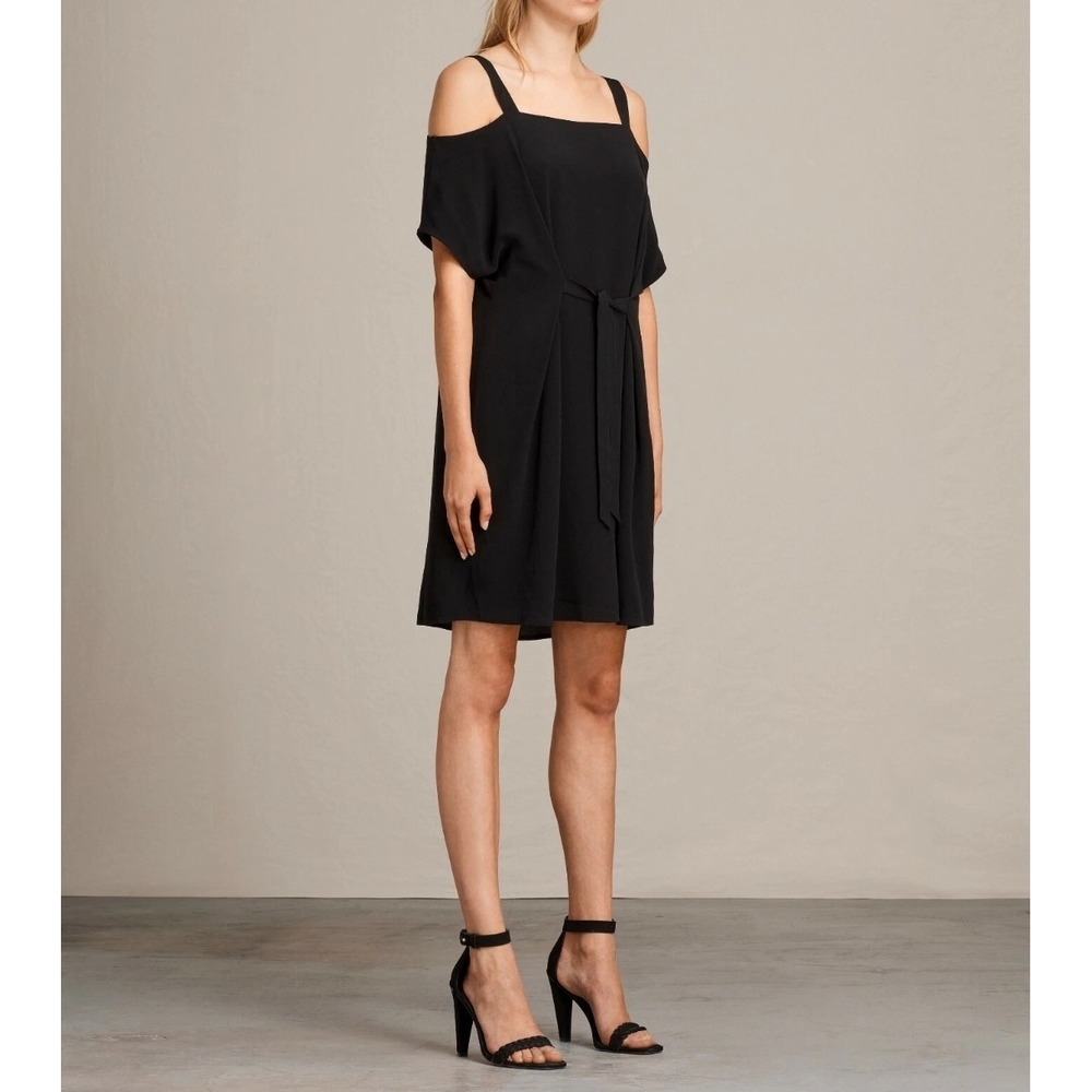 AllSaints Rae Dress Women Small Black Cold Shoulder Mini Tie Waist Minimalist